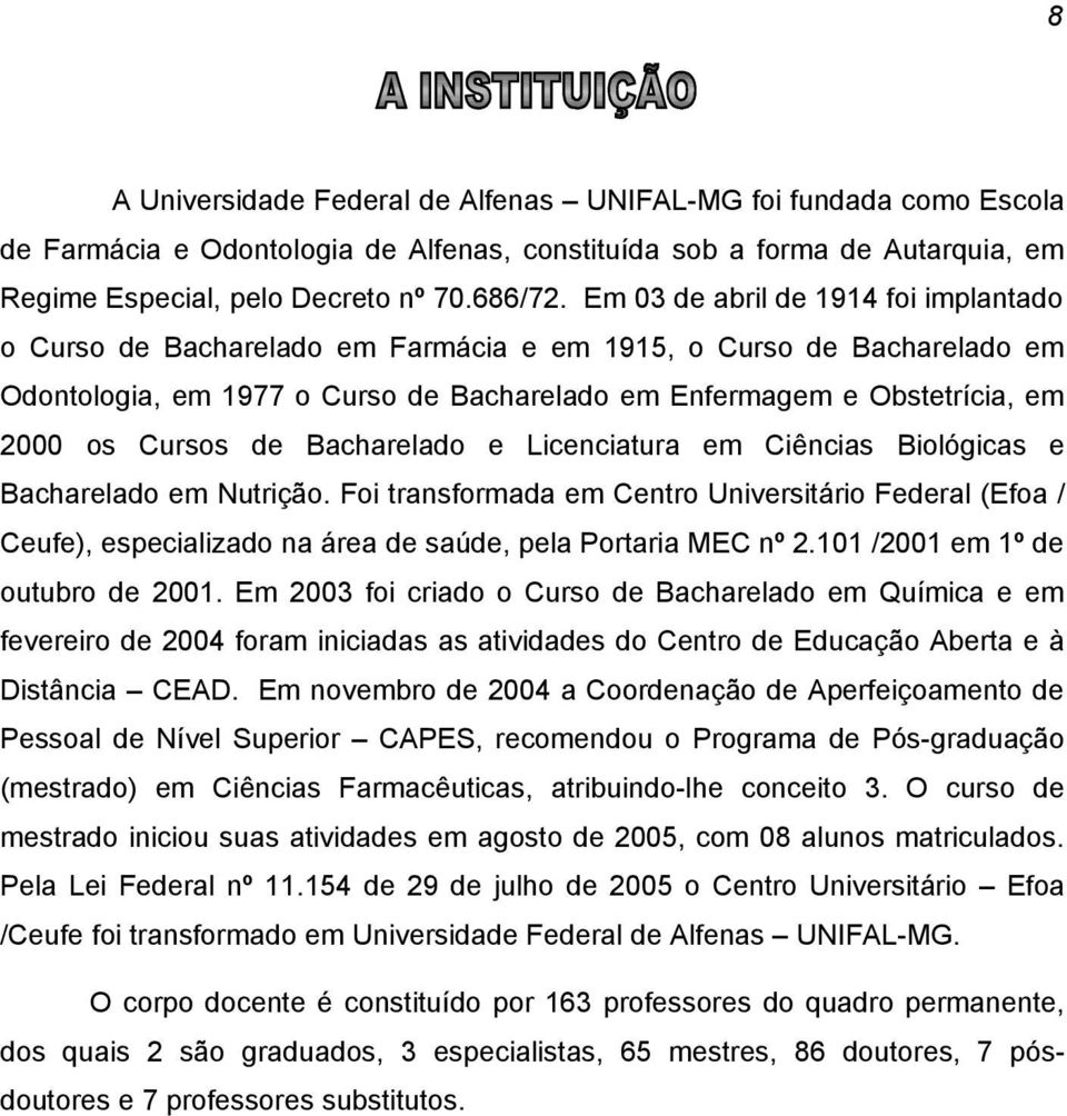 Licnciatura m Ciências Biológicas Bacharlado m Nutrição. Foi transformada m Cntro Univrsitário Fdral (Efoa / Cuf), spcializado na ára d saúd, pla Portaria MEC nº 2.101 /2001 m 1º d outubro d 2001.