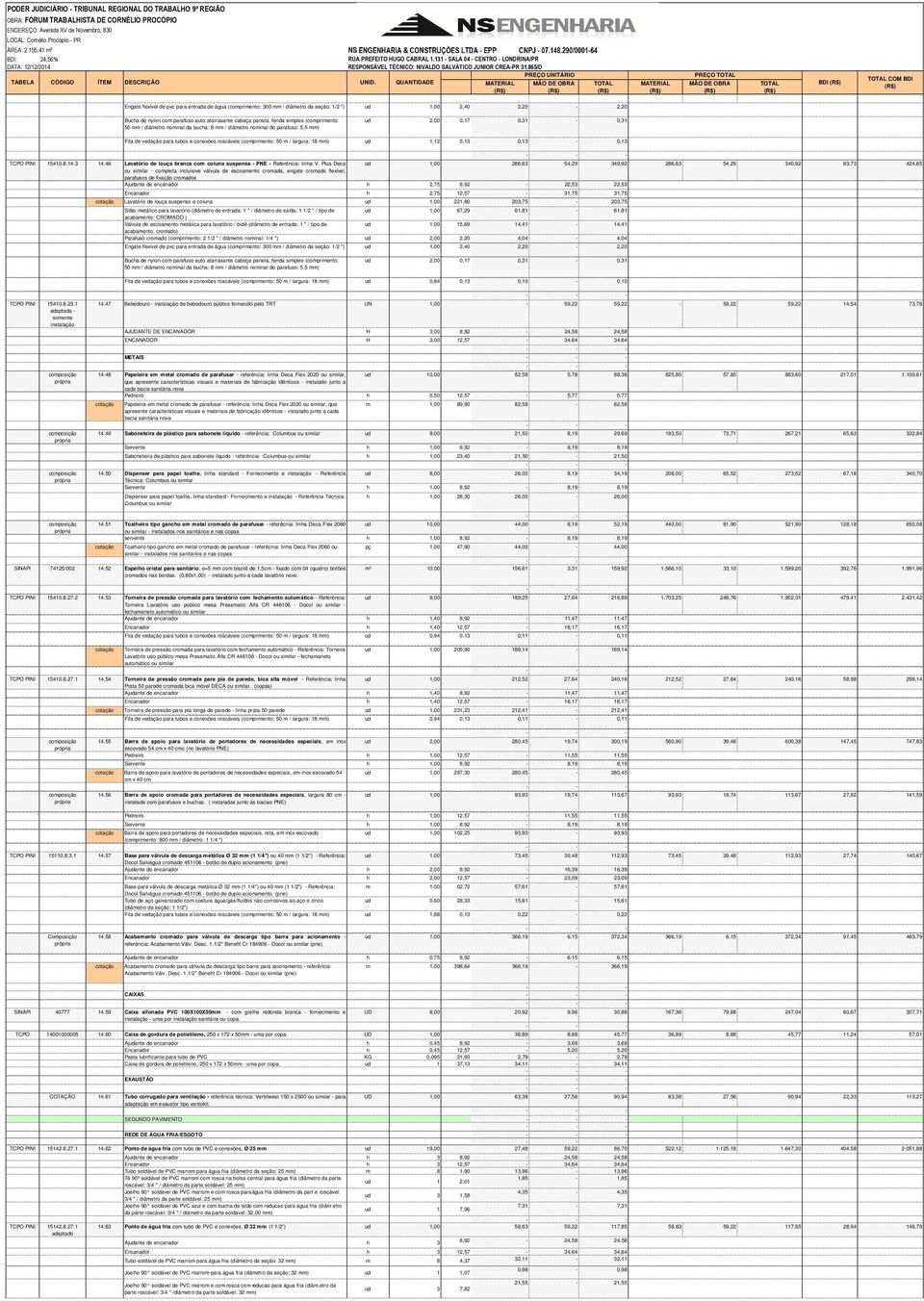 QUANTIDADE MATERIAL MÃO DE OBRA MATERIAL PREÇO MÃO DE OBRA BDI COM BDI Engate flexível de pvc para entrada de água (comprimento: 300 mm / diâmetro da seção: 1/2 ") ud 1,00 2,40 2,20 2,20 Bucha de