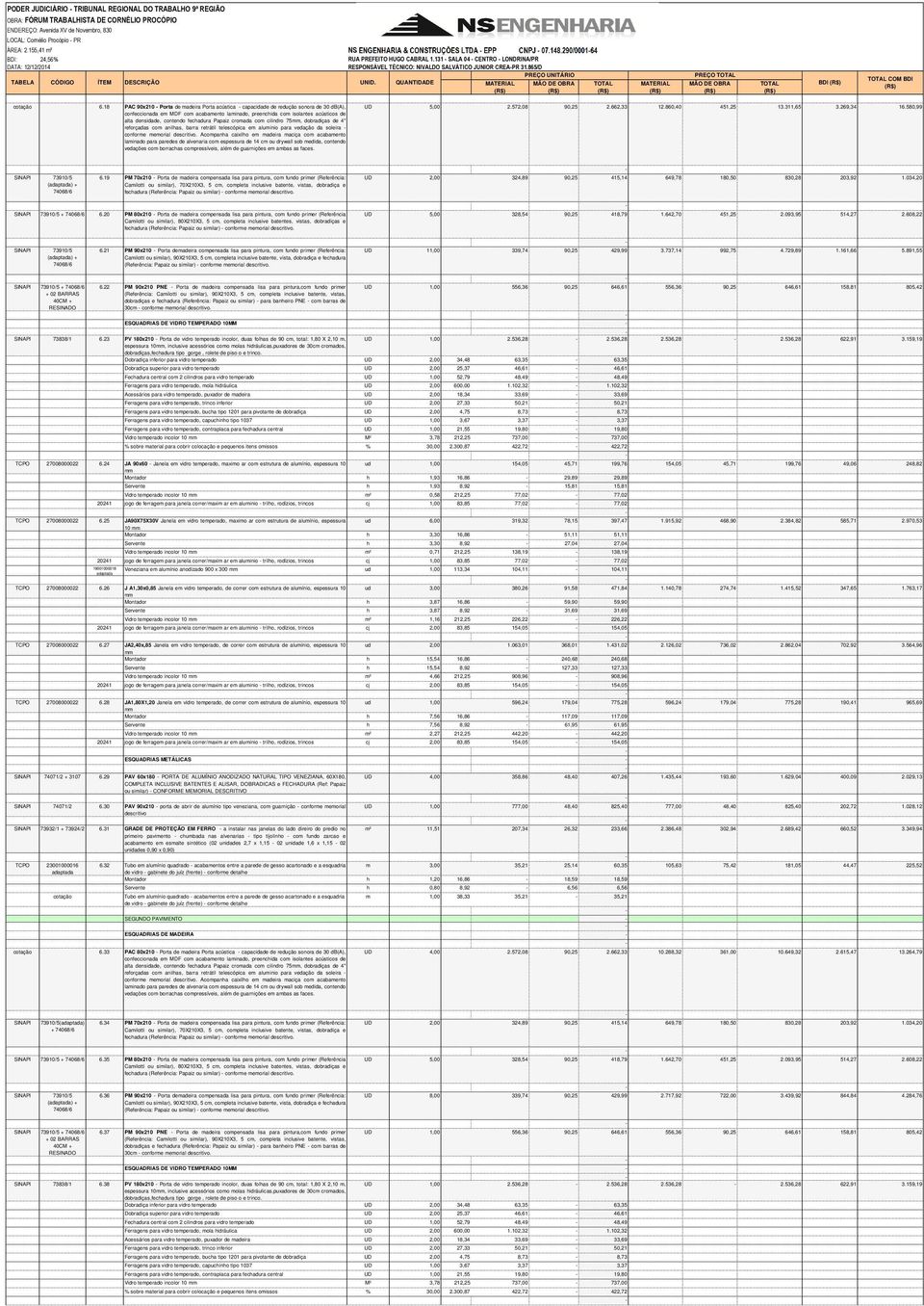 QUANTIDADE MATERIAL MÃO DE OBRA MATERIAL PREÇO MÃO DE OBRA BDI COM BDI cotação 6.