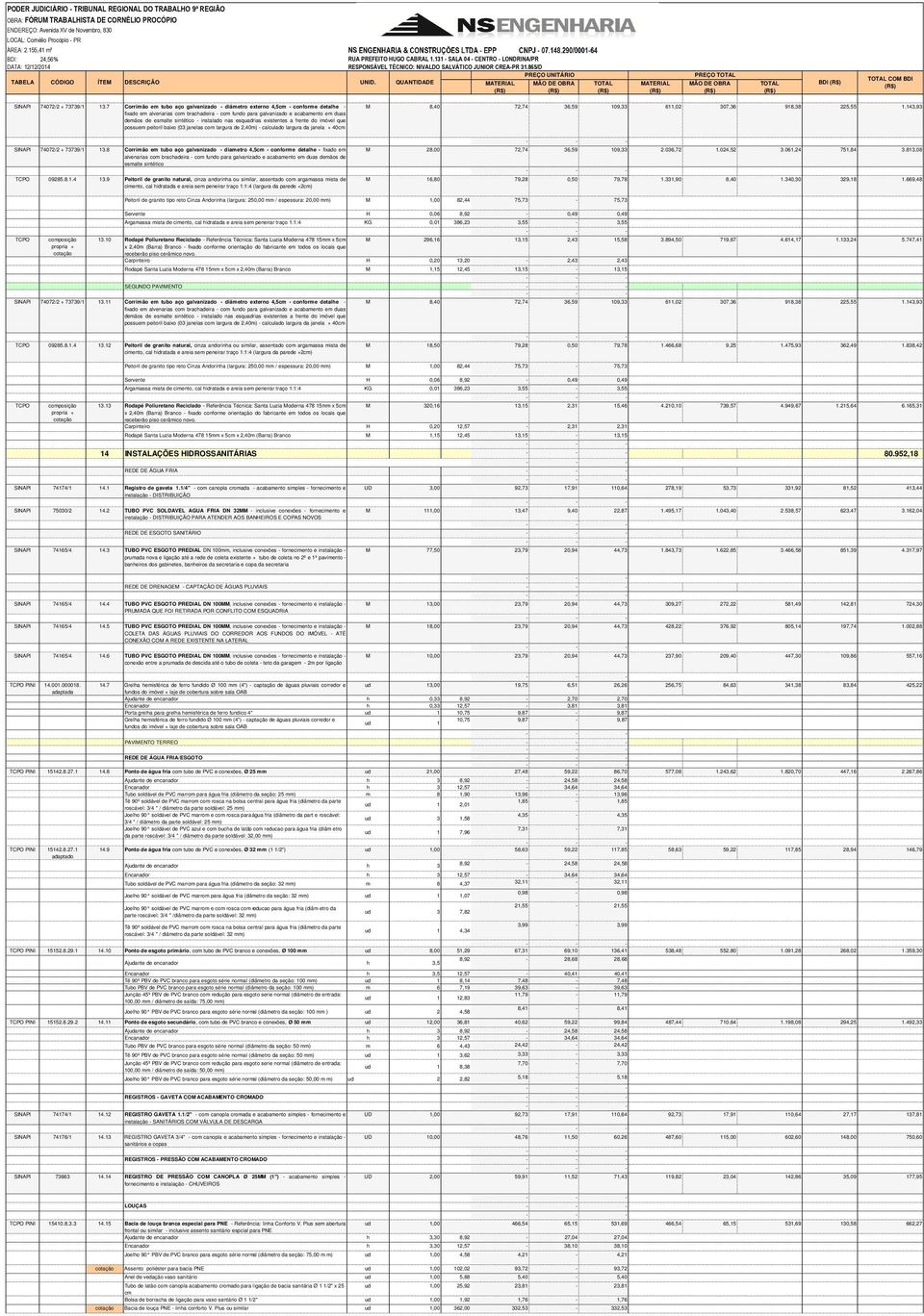 QUANTIDADE MATERIAL MÃO DE OBRA MATERIAL PREÇO MÃO DE OBRA BDI COM BDI SINAPI 74072/2 + 73739/1 13.