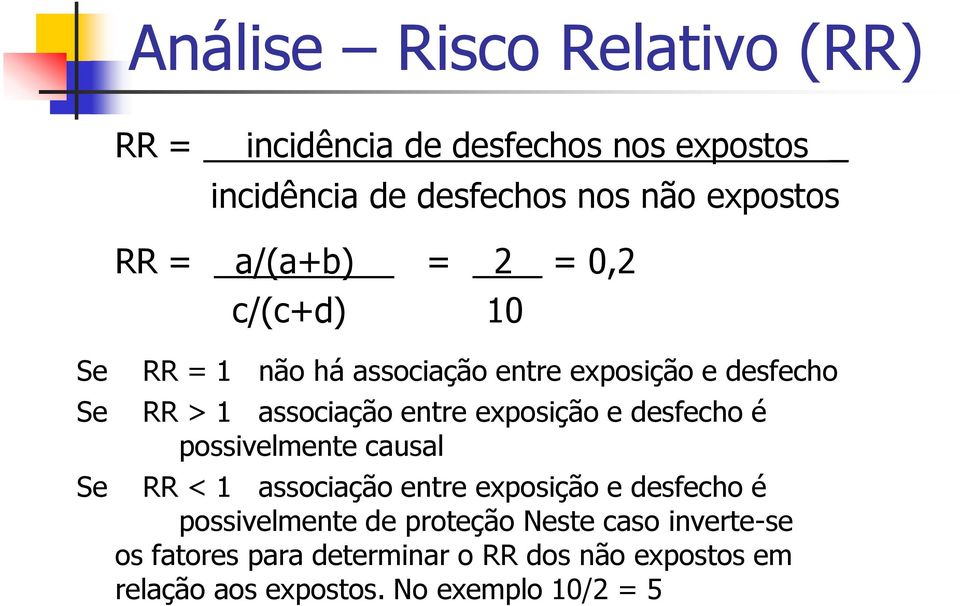 entre exposição e desfecho é possivelmente causal RR < 1 associação entre exposição e desfecho é possivelmente de