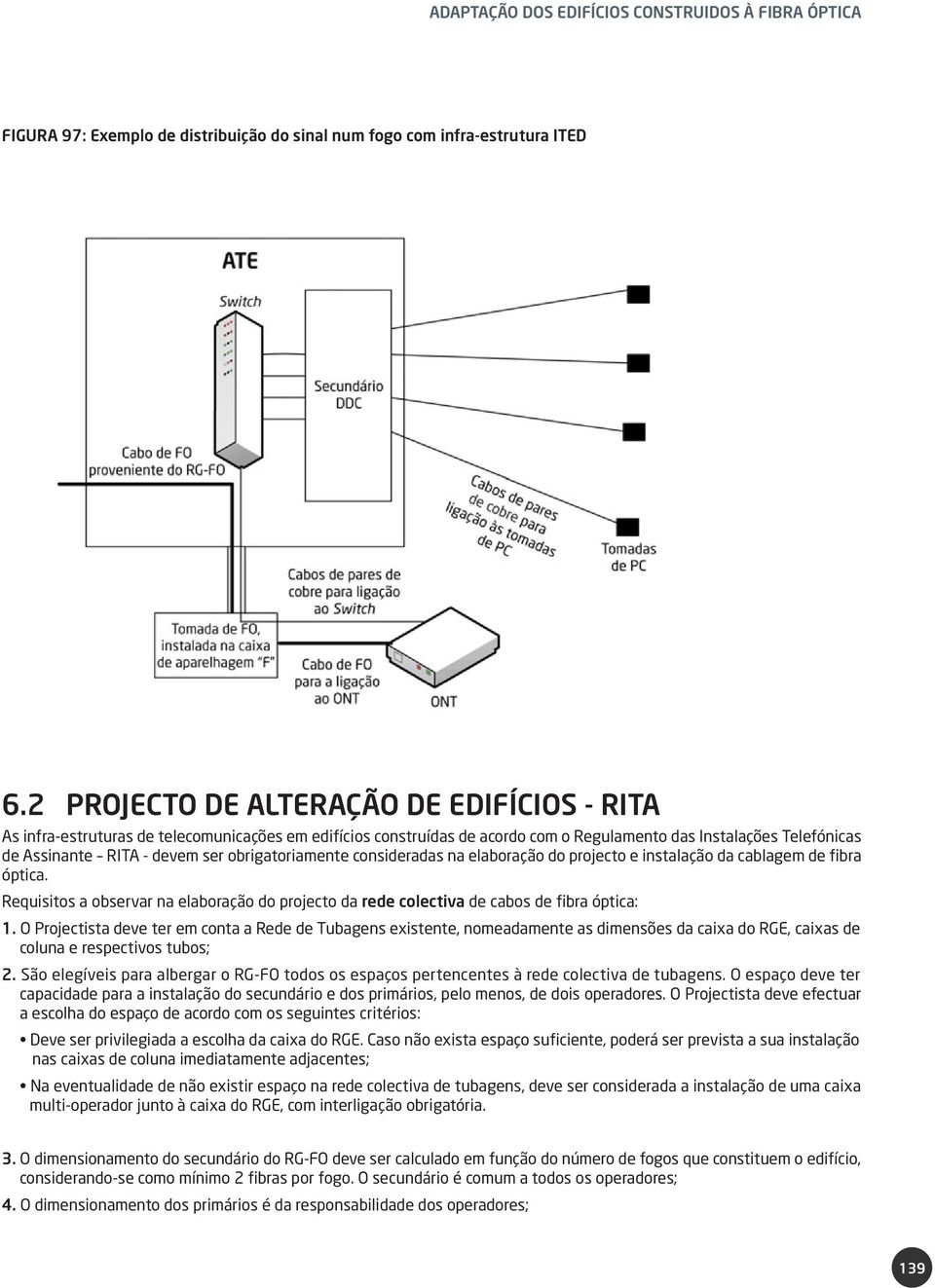 obrigatoriamente consideradas na elaboração do projecto e instalação da cablagem de fibra óptica. Requisitos a observar na elaboração do projecto da rede colectiva de cabos de fibra óptica: 1.