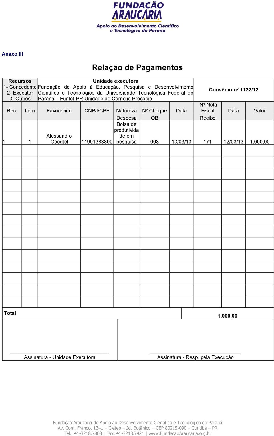 Item Favorecido CNPJ/CPF Natureza Nº Cheque Data Despesa OB Recibo 1 1 Alessandro Goedtel 11991383800 Convênio nº 1122/12 Nº Nota Fiscal