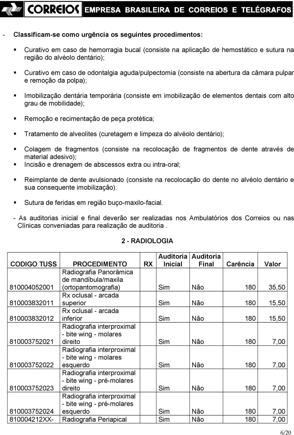 Remoção e recimentação de peça protética; Tratamento de alveolites (curetagem e limpeza do alvéolo dentário); Colagem de fragmentos (consiste na recolocação de fragmentos de dente através de material