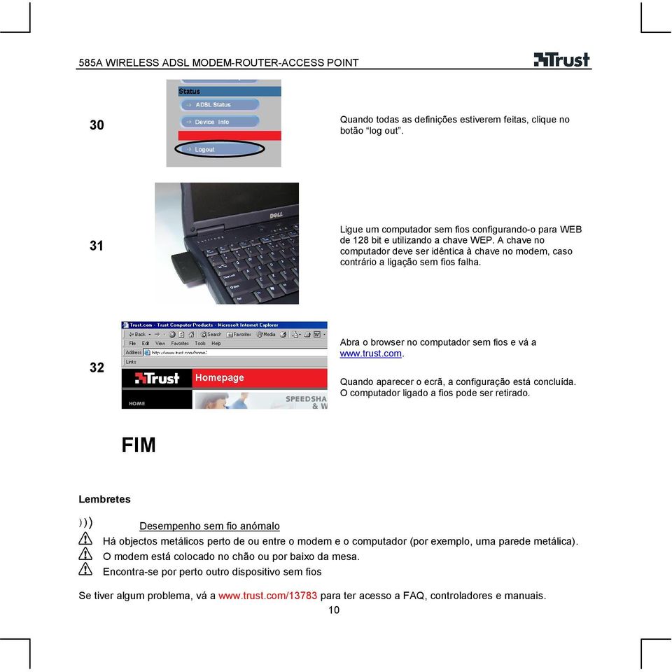 O computador ligado a fios pode ser retirado. FIM Lembretes Desempenho sem fio anómalo Há objectos metálicos perto de ou entre o modem e o computador (por exemplo, uma parede metálica).