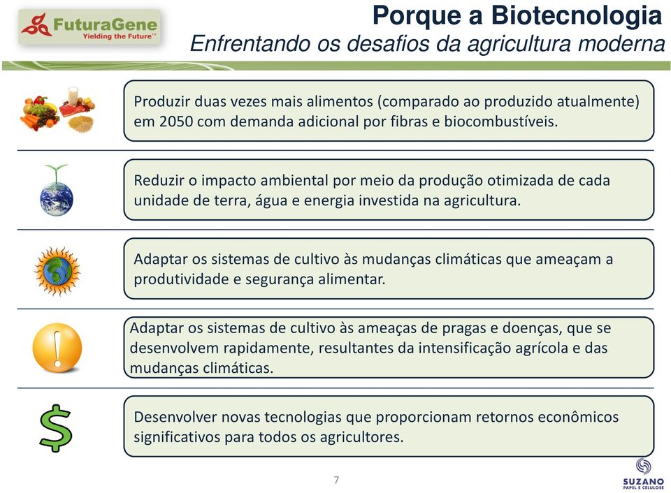 Adaptar os sistemas de cultivo às mudanças climáticas que ameaçam a produtividade e segurança alimentar.