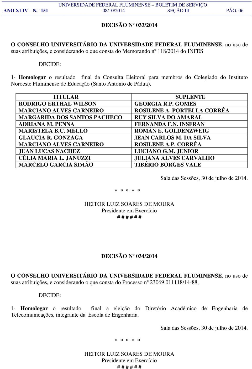 Noroeste Fluminense de Educação (Santo Antonio de Pádua). TITULAR RODRIGO ERTHAL WILSON MARCIANO ALVES CARNEIRO MARGARIDA DOS SANTOS PACHECO ADRIANA M. PENNA MARISTELA B.C. MELLO GLAUCIA R.