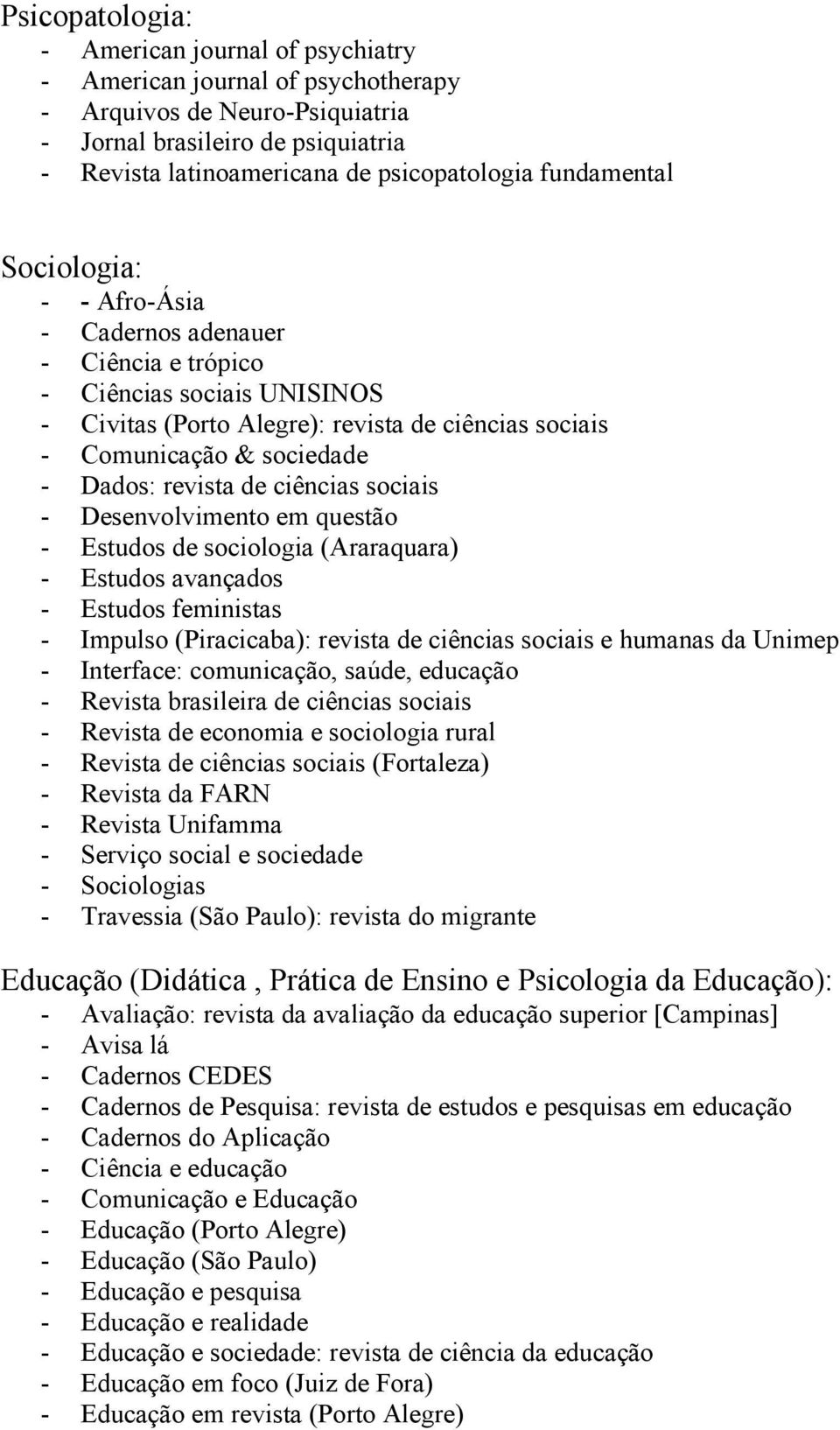 revista de ciências sociais - Desenvolvimento em questão - Estudos de sociologia (Araraquara) - Estudos avançados - Estudos feministas - Impulso (Piracicaba): revista de ciências sociais e humanas da