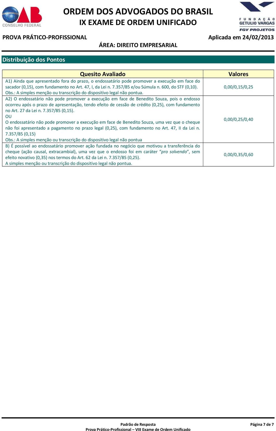 A2) O endossatário não pode promover a execução em face de Benedito Souza, pois o endosso ocorreu após o prazo de apresentação, tendo efeito de cessão de crédito (0,25), com fundamento no Art.