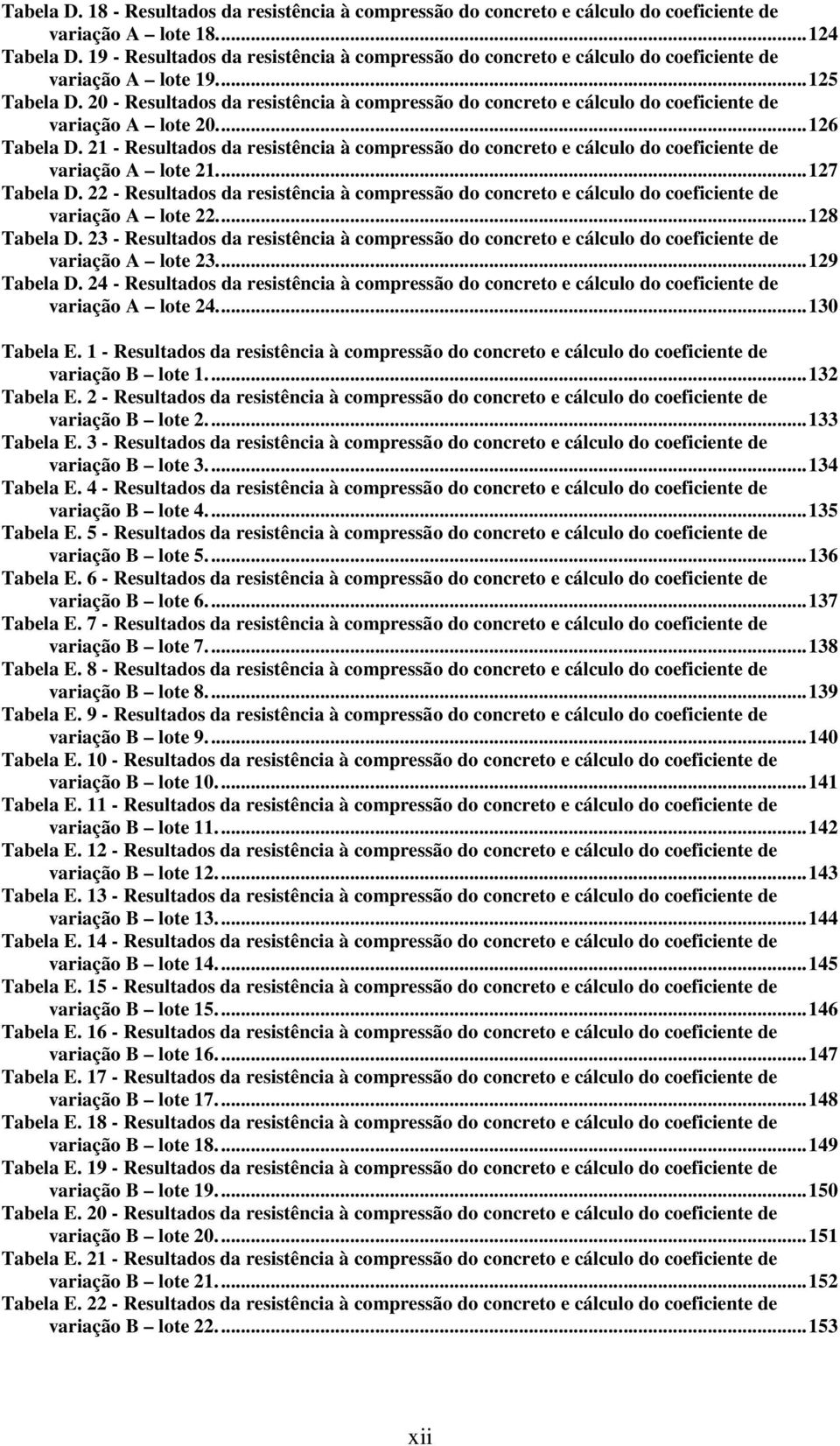 20 - Resultados da resistência à compressão do concreto e cálculo do coeficiente de variação A lote 20...126 Tabela D.