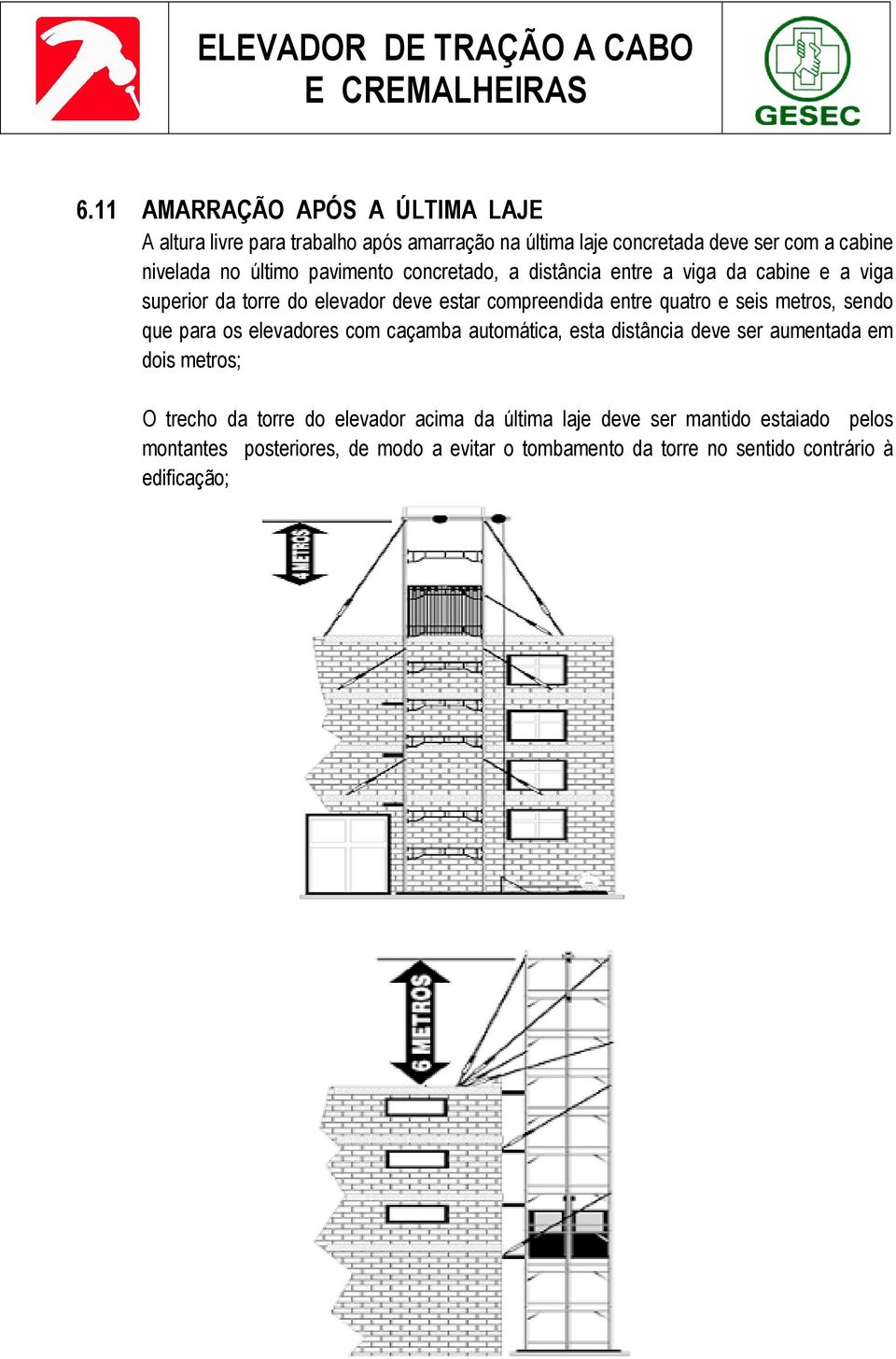 seis metros, sendo que para os elevadores com caçamba automática, esta distância deve ser aumentada em dois metros; O trecho da torre do