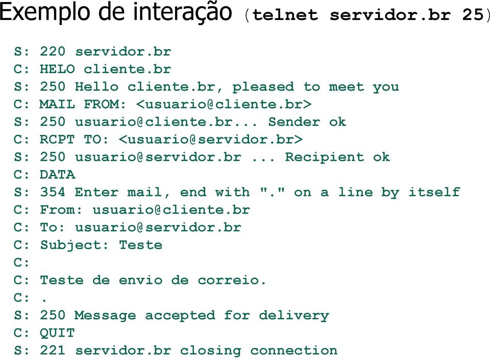 br> S: 250 usuario@servidor.br... Recipient ok C: DATA S: 354 Enter mail, end with "." on a line by itself C: From: usuario@cliente.