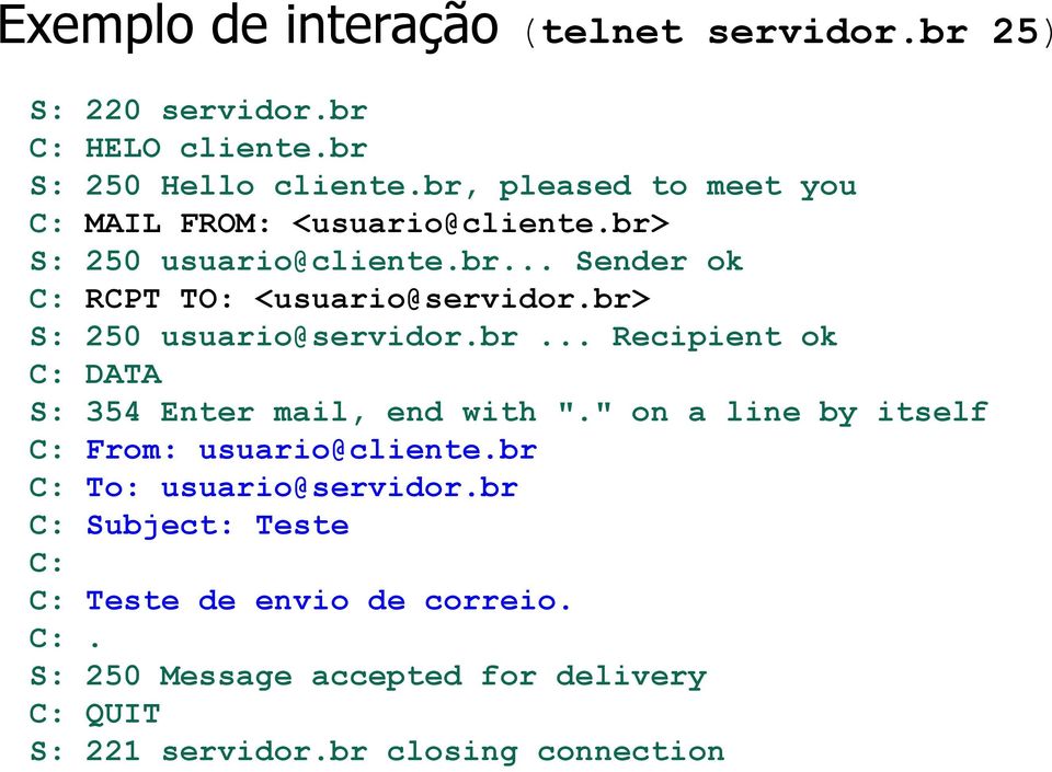 br> S: 250 usuario@servidor.br... Recipient ok C: DATA S: 354 Enter mail, end with "." on a line by itself C: From: usuario@cliente.