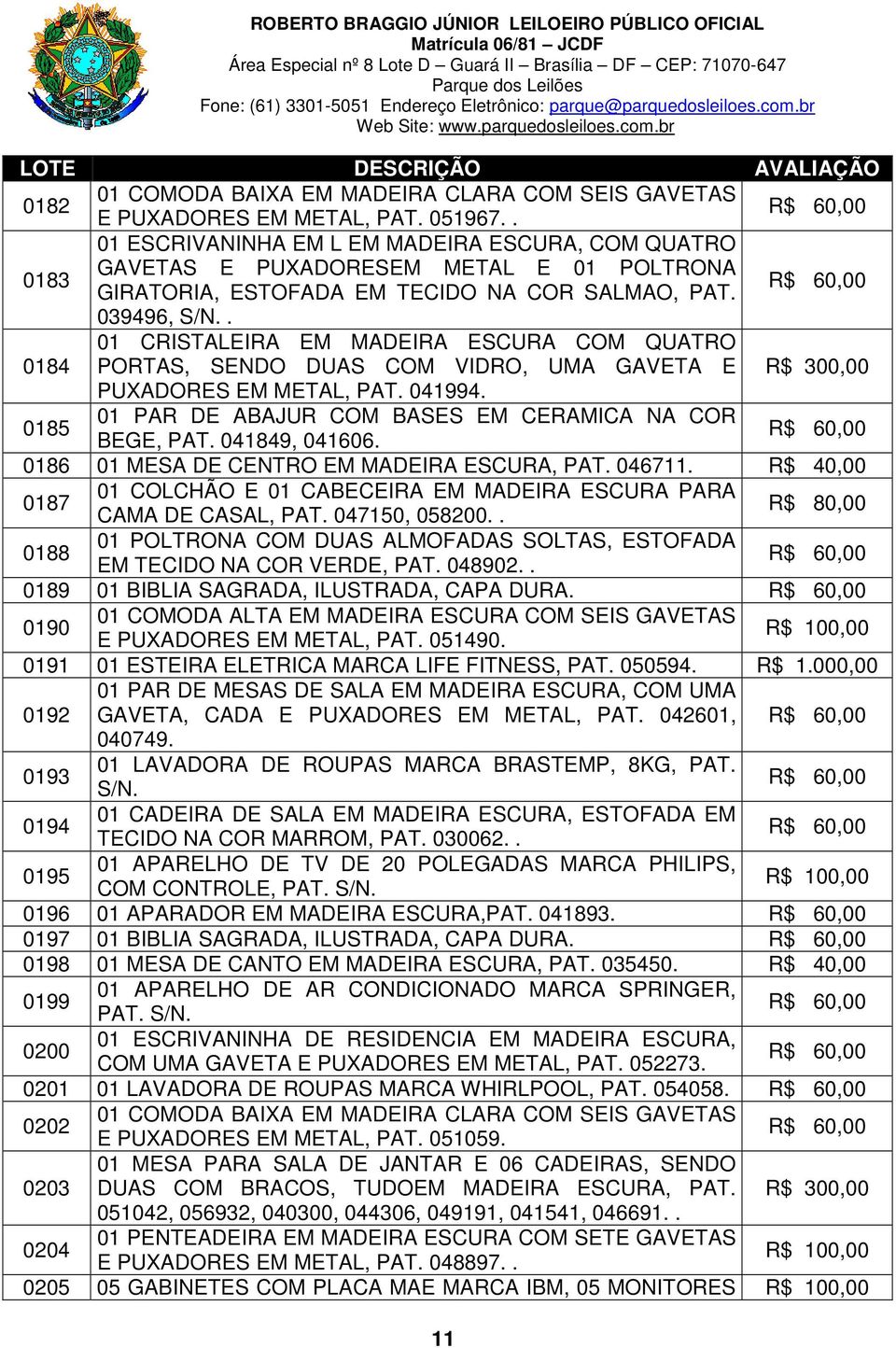 . 0184 01 CRISTALEIRA EM MADEIRA ESCURA COM QUATRO PORTAS, SENDO DUAS COM VIDRO, UMA GAVETA E R$ 300,00 PUXADORES EM METAL, PAT. 041994. 0185 01 PAR DE ABAJUR COM BASES EM CERAMICA NA COR BEGE, PAT.