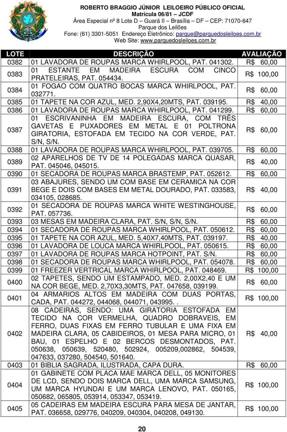 0387 01 ESCRIVANINHA EM MADEIRA ESCURA, COM TRÊS GAVETAS E PUXADORES EM METAL E 01 POLTRONA GIRATORIA, ESTOFADA EM TECIDO NA COR VERDE, PAT. S/N, S/N. 0388 01 LAVADORA DE ROUPAS MARCA WHIRLPOOL, PAT.