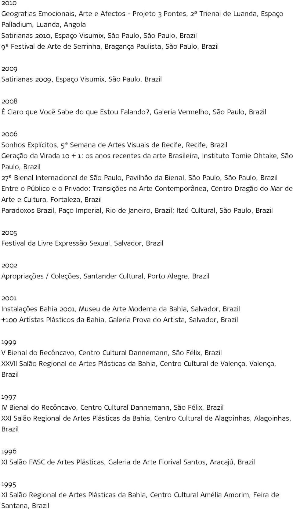 , Galeria Vermelho, São Paulo, 2006 Sonhos Explícitos, 5ª Semana de Artes Visuais de Recife, Recife, Geração da Virada 10 + 1: os anos recentes da arte Brasileira, Instituto Tomie Ohtake, São Paulo,