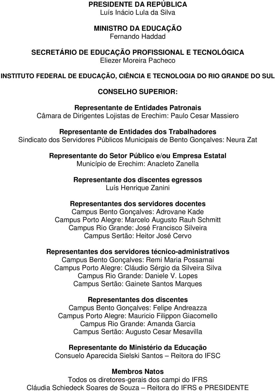 Sindicato dos Servidores Públicos Municipais de Bento Gonçalves: Neura Zat Representante do Setor Público e/ou Empresa Estatal Município de Erechim: Anacleto Zanella Representante dos discentes