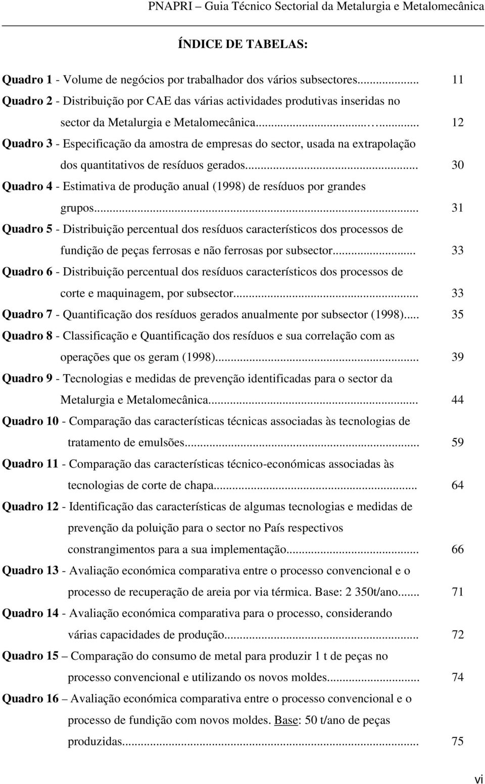 ..... 12 Quadro 3 - Especificação da amostra de empresas do sector, usada na extrapolação dos quantitativos de resíduos gerados.