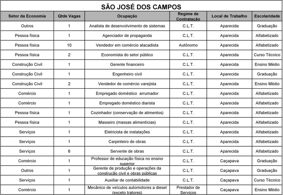 1 Gerente financeiro Aparecida Médio Construção Civil 1 Engenheiro civil Aparecida Graduação Construção Civil 2 Vendedor de comércio varejista Aparecida Médio Empregado doméstico arrumador Aparecida