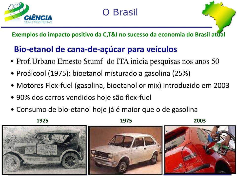 Urbano Ernesto Stumf do ITA inicia pesquisas nos anos 50 Proálcool(1975): bioetanol misturado a