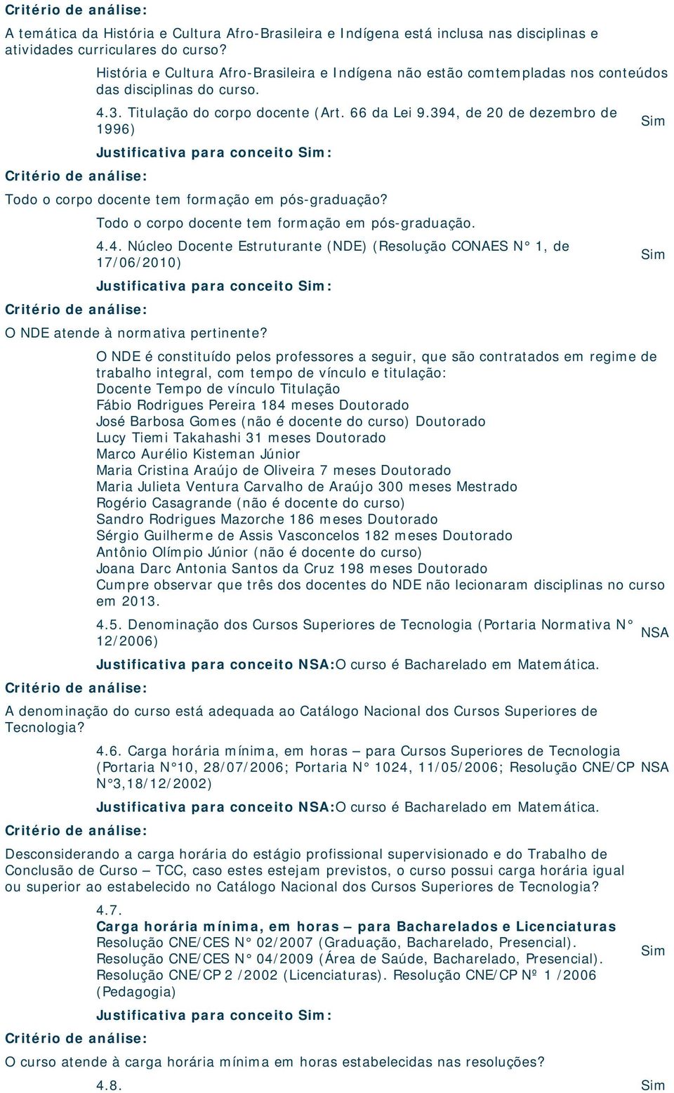 394, de 20 de dezembro de 1996) Justificativa para conceito Sim: Todo o corpo docente tem formação em pós-graduação? Todo o corpo docente tem formação em pós-graduação. 4.4. Núcleo Docente Estruturante (NDE) (Resolução CONAES N 1, de 17/06/2010) Justificativa para conceito Sim: O NDE atende à normativa pertinente?