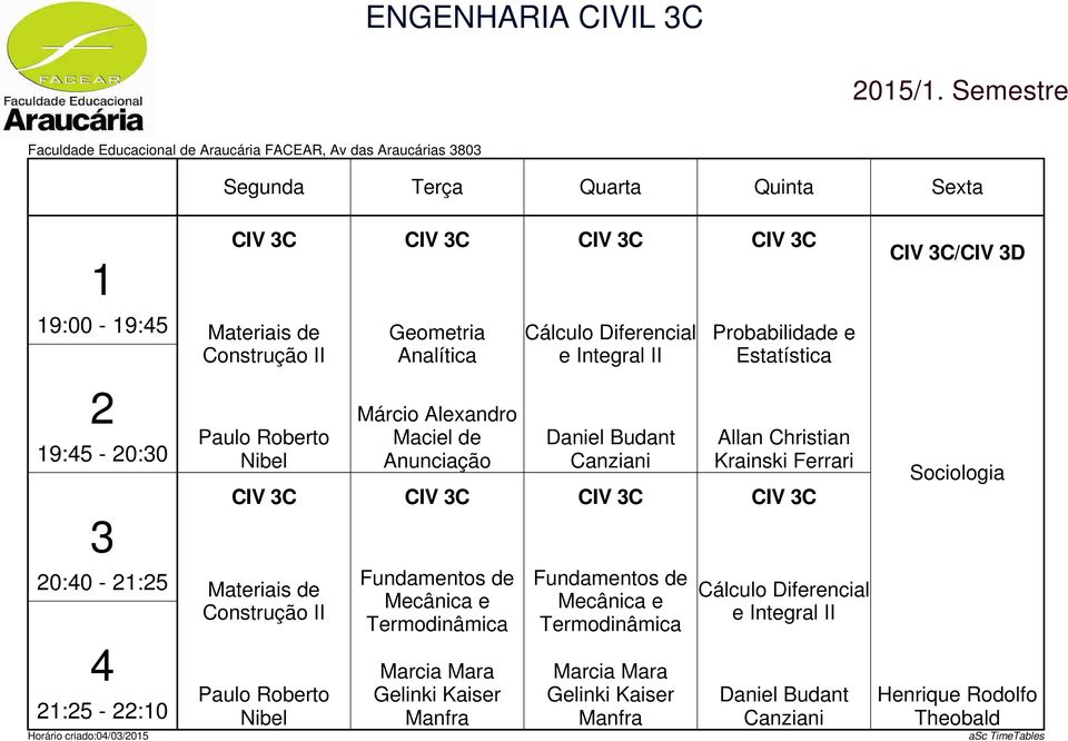 CIV C Probabilidade e Estatística CIV C/CIV D 9:5-0:0 Horário criado:0/0/05 Paulo Roberto Nibel CIV C Construção II Paulo Roberto Nibel Márcio Alexandro Maciel de