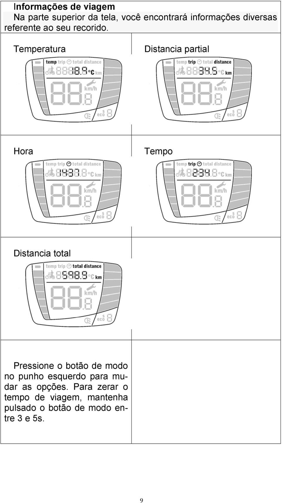 Temperatura Distancia partial Hora Tempo Distancia total Pressione o botão de