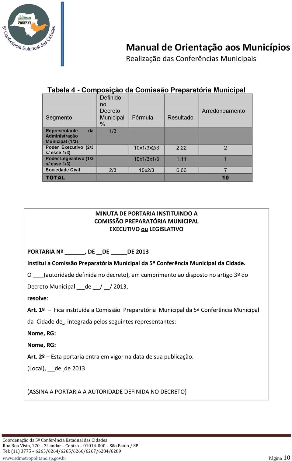 EXECUTIVO ou LEGISLATIVO PORTARIA Nº, DE DE DE 2013 Institui a Comissão Preparatória Municipal da 5ª Conferência Municipal da Cidade.