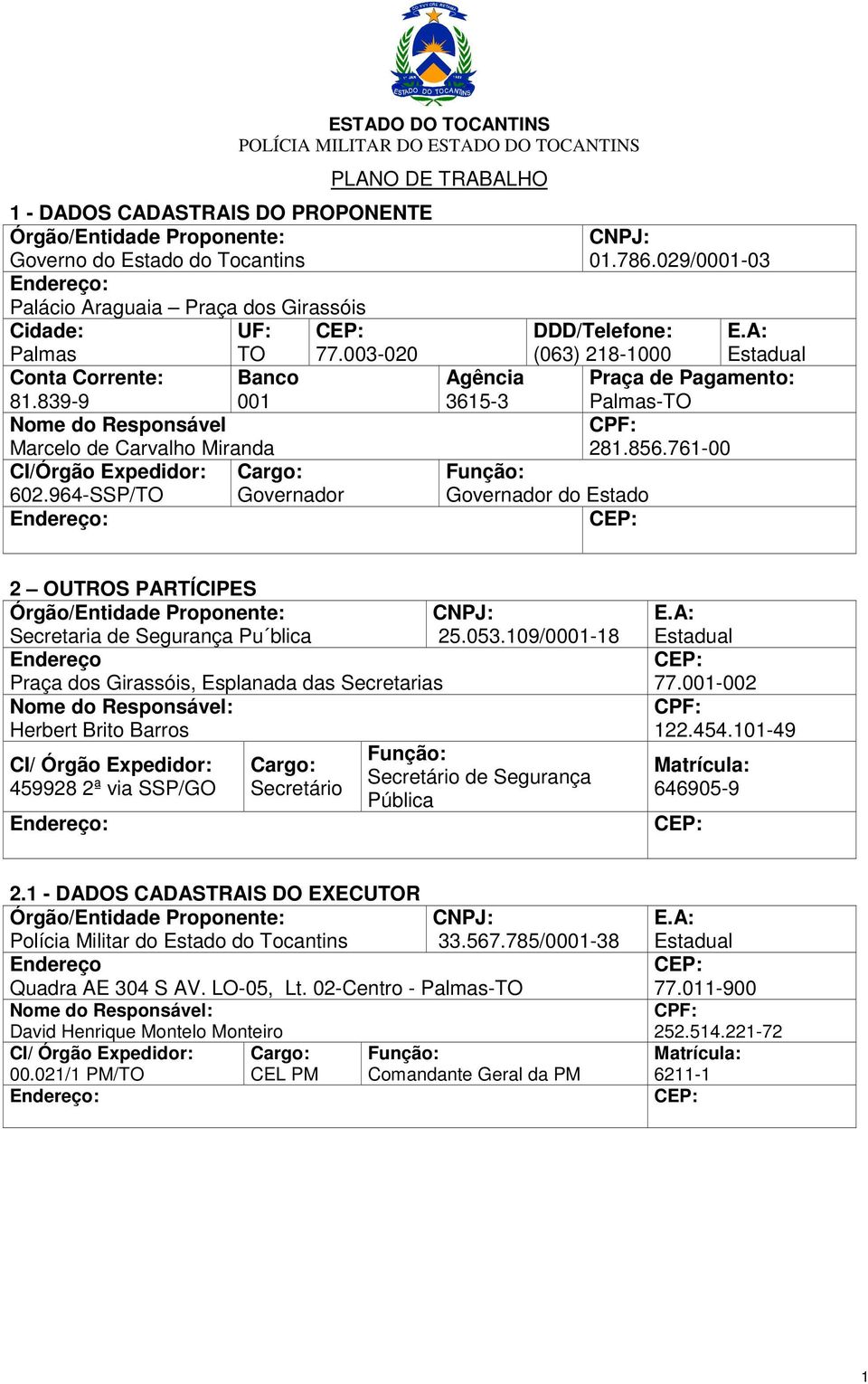 A: (063) 218-1000 Estadual Agência Praça de Pagamento: 3615-3 Palmas-TO CPF: 281.856.