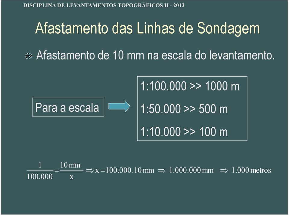 000 >> 1000 m Para a escala 1:50.000 >> 500 m 1:10.