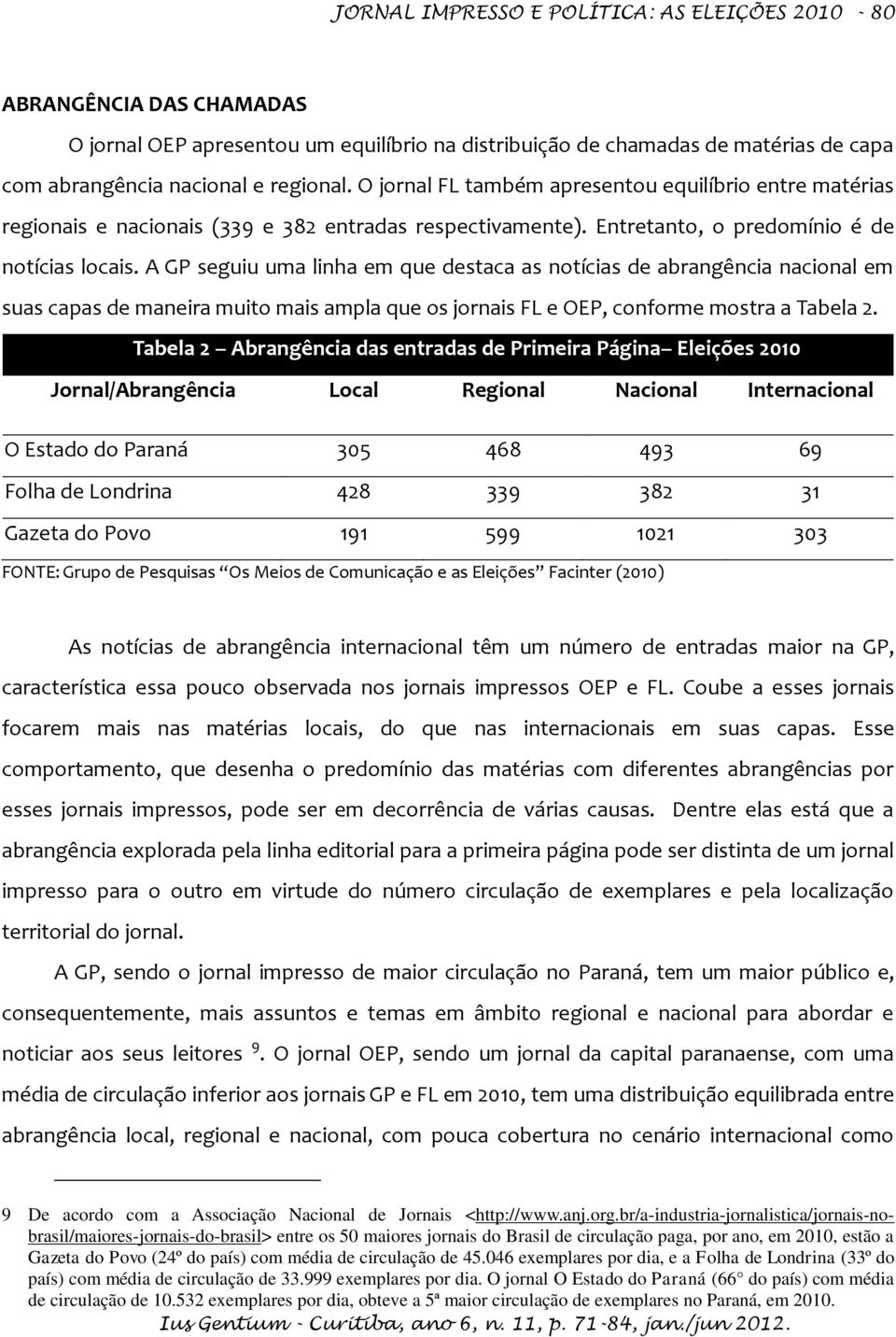 A GP seguiu uma linha em que destaca as notícias de abrangência nacional em suas capas de maneira muito mais ampla que os jornais FL e OEP, conforme mostra a Tabela 2.