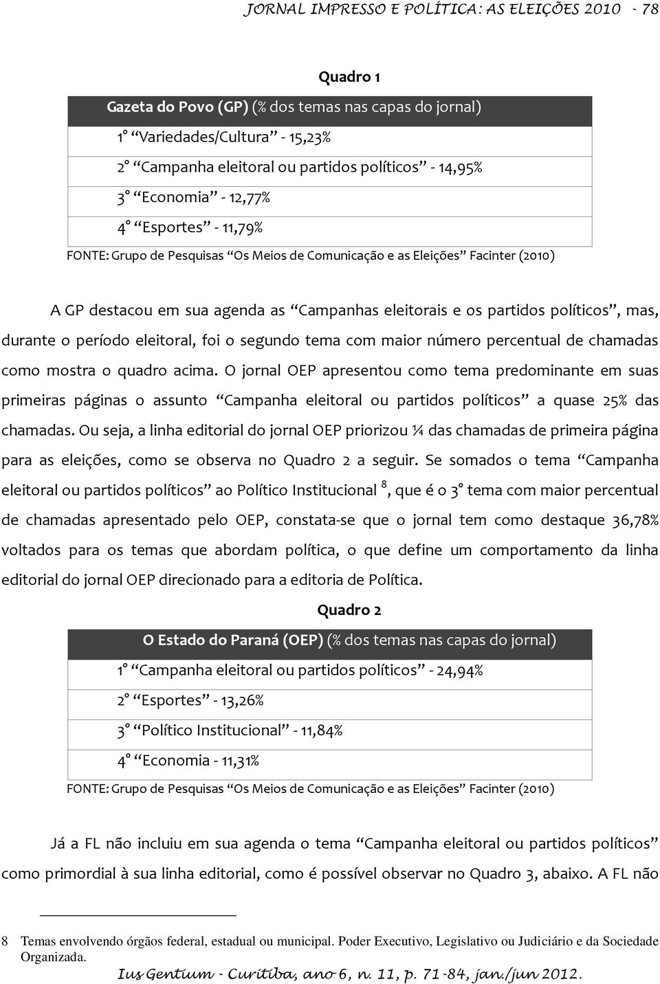 durante o período eleitoral, foi o segundo tema com maior número percentual de chamadas como mostra o quadro acima.