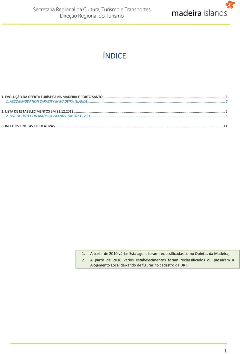 .. 11 1. A partir de 2010 várias Estalagens foram reclassificadas como Quintas da Madeira; 2.