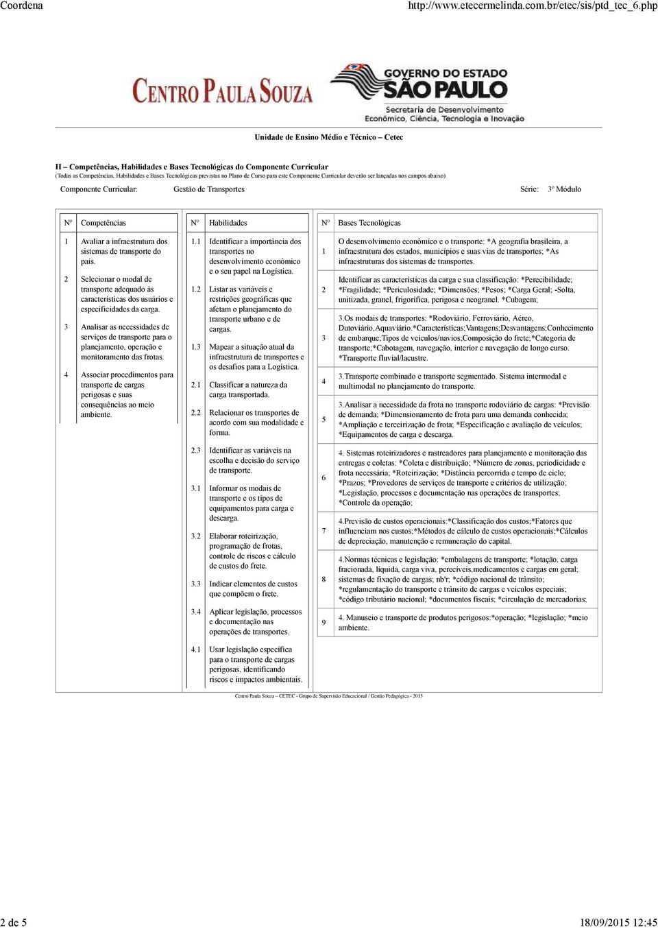 Plno de Curso pr este Componente Curriculr deverão ser lnçds nos cmpos bixo) Componente Curriculr: Gestão de Trnsportes Série: 3º Módulo Nº Competêncis Nº Hbiliddes Nº Bses Tecnológics 1 Avlir