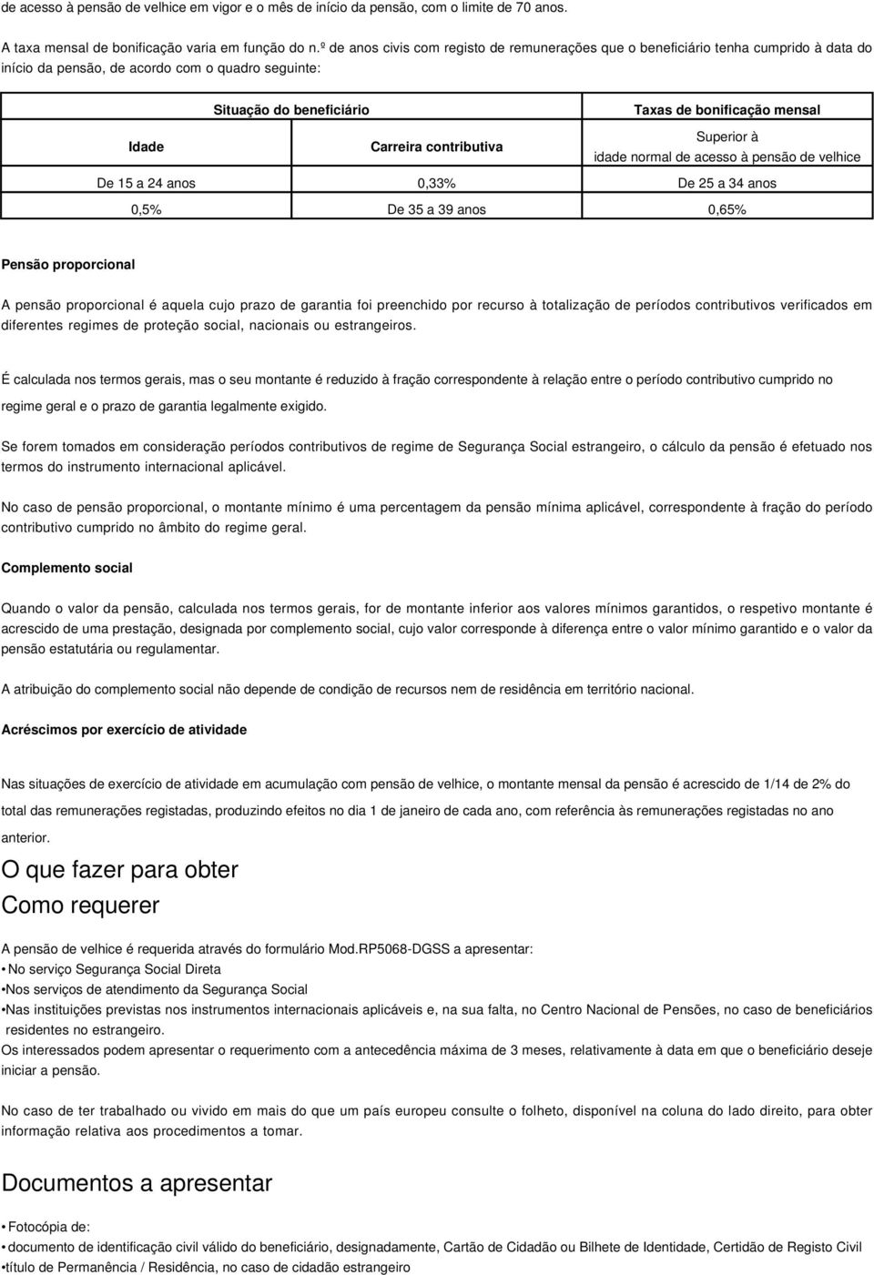 Carreira contributiva Superior à idade normal de acesso à pensão de velhice De 15 a 24 anos 0,33% De 25 a 34 anos 0,5% De 35 a 39 anos 0,65% Pensão proporcional A pensão proporcional é aquela cujo