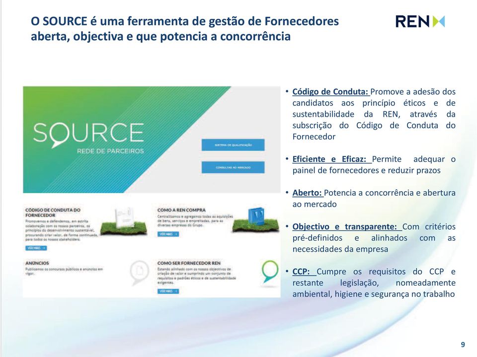 adequar o painel de fornecedores e reduzir prazos Aberto: Potencia a concorrência e abertura ao mercado Objectivo e transparente: Com critérios