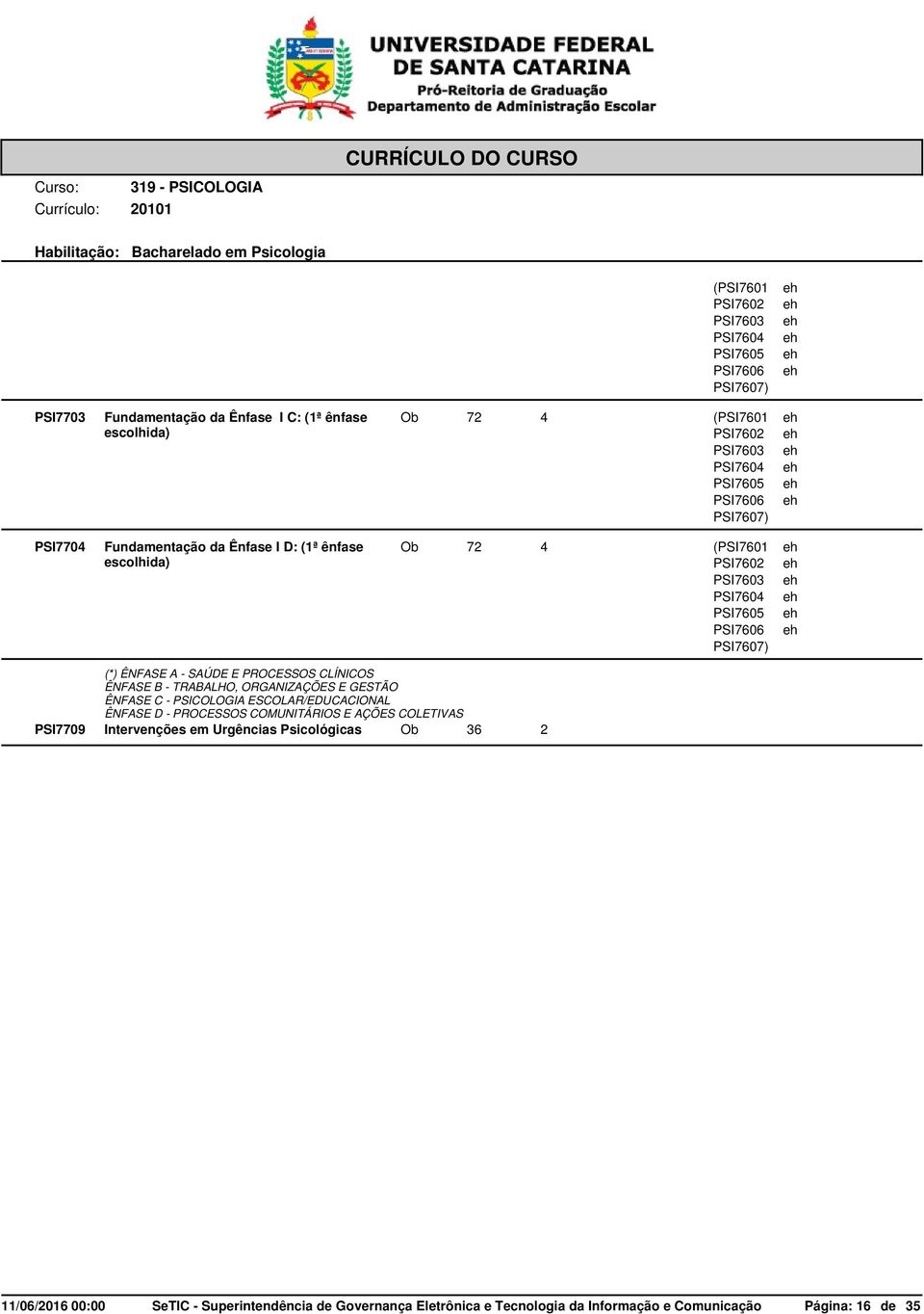 SAÚDE E PROCESSOS CLÍNICOS ÊNFASE B - TRABALHO, ORGANIZAÇÕES E GESTÃO ÊNFASE C - PSICOLOGIA ESCOLAR/EDUCACIONAL ÊNFASE D - PROCESSOS COMUNITÁRIOS E AÇÕES COLETIVAS