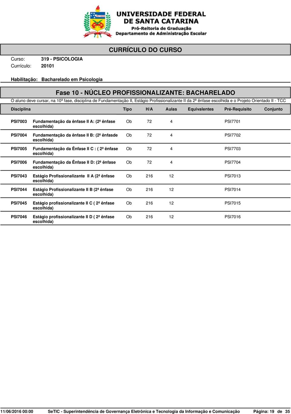 Fundamentação da Ênfase II C : ( 2ª ênfase Fundamentação da Ênfase II D: (2ª ênfase Estágio Profissionalizante II A (2ª ênfase Estágio Profissionalizante II B (2ª ênfase Estágio profissionalizante II