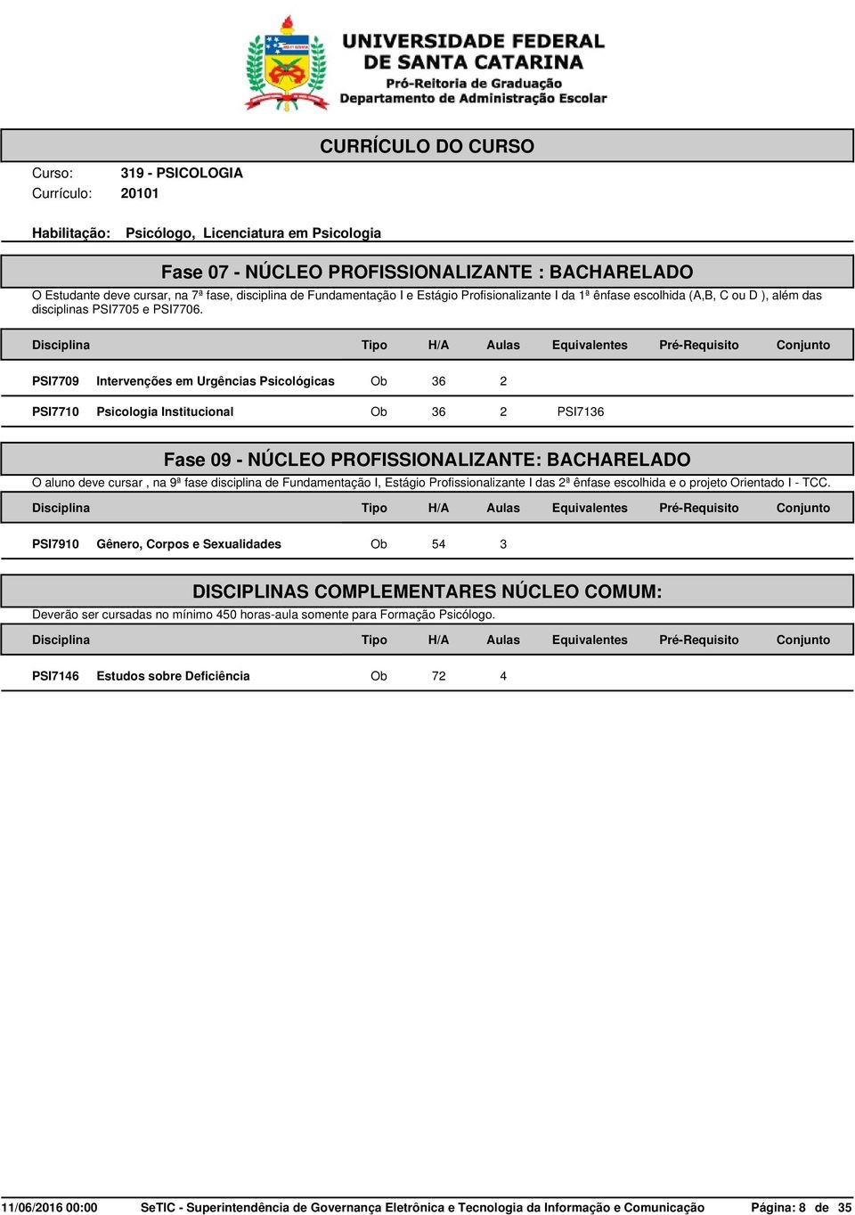 PSI7709 Intervenções em Urgências Psicológicas Ob 36 2 PSI7710 Psicologia Institucional Ob 36 2 PSI7136 Fase 09 - NÚCLEO PROFISSIONALIZANTE: BACHARELADO O aluno deve cursar, na 9ª fase disciplina de