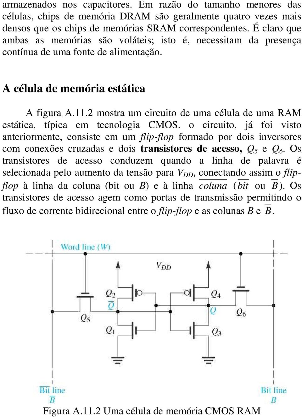2 mostra um circuito de uma célula de uma RAM estática, típica em tecnologia CMOS.