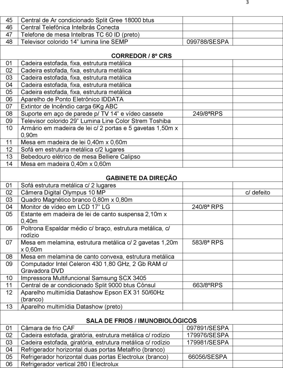 metálica 05 Cadeira estofada, fixa, estrutura metálica 06 Aparelho de Ponto Eletrônico IDDATA 07 Extintor de Incêndio carga 6Kg ABC 08 Suporte em aço de parede p/ TV 14 e vídeo cassete 249/8ªRPS 09