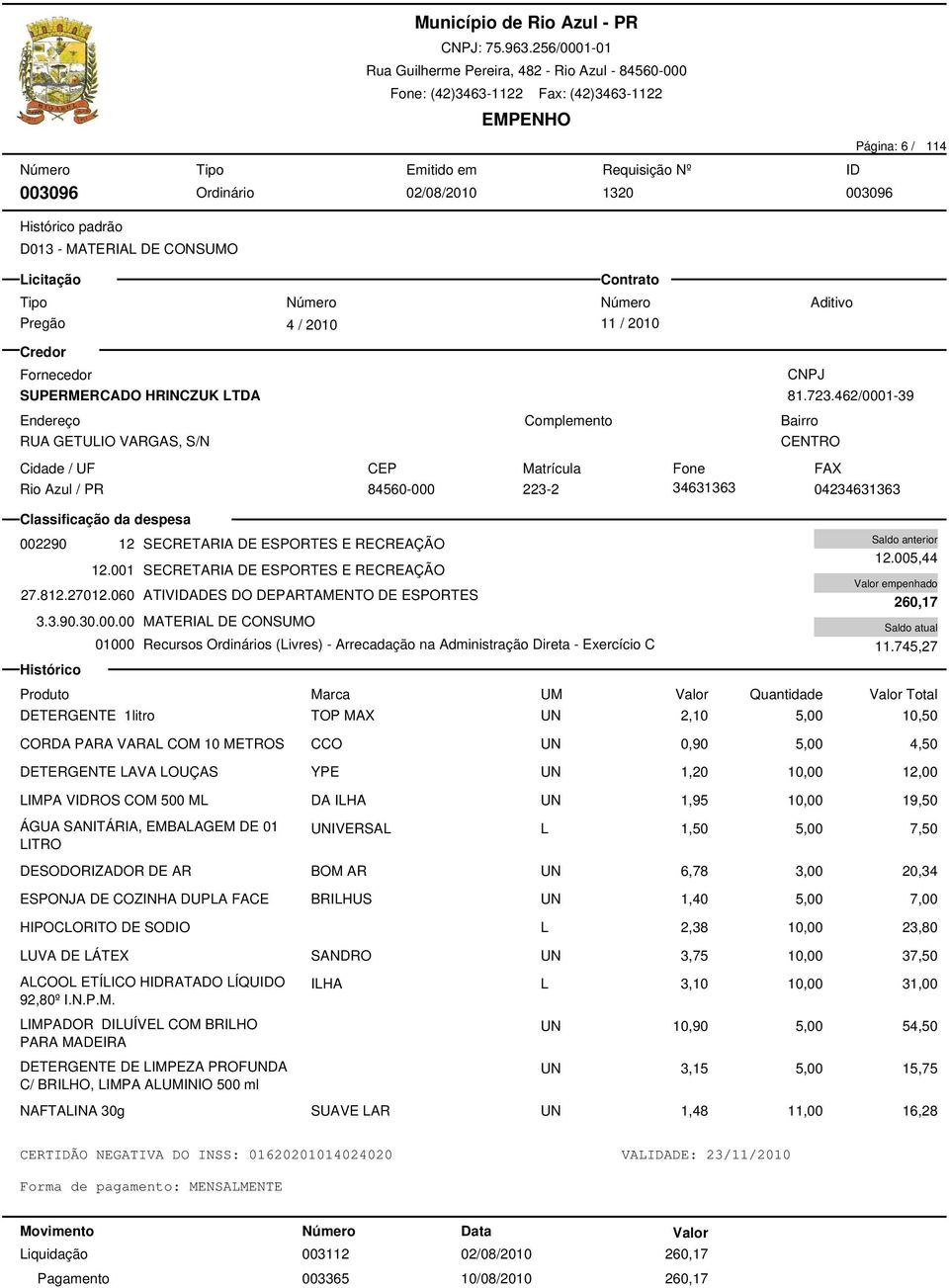 060 ATIVIDADES DO DEPARTAMENTO DE ESPORTES 3.3.90.30.00.00 MATERIAL DE CONSUMO 12.005,44 260,17 11.