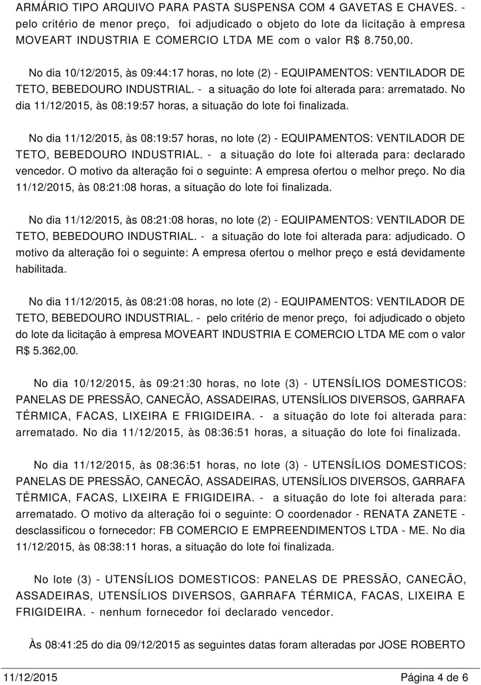 No dia 10/12/2015, às 09:44:17 horas, no lote (2) - EQUIPANTOS: VENTILADOR DE TETO, BEBEDOURO INDUSTRIAL. - a situação do lote foi alterada para: arrematado.