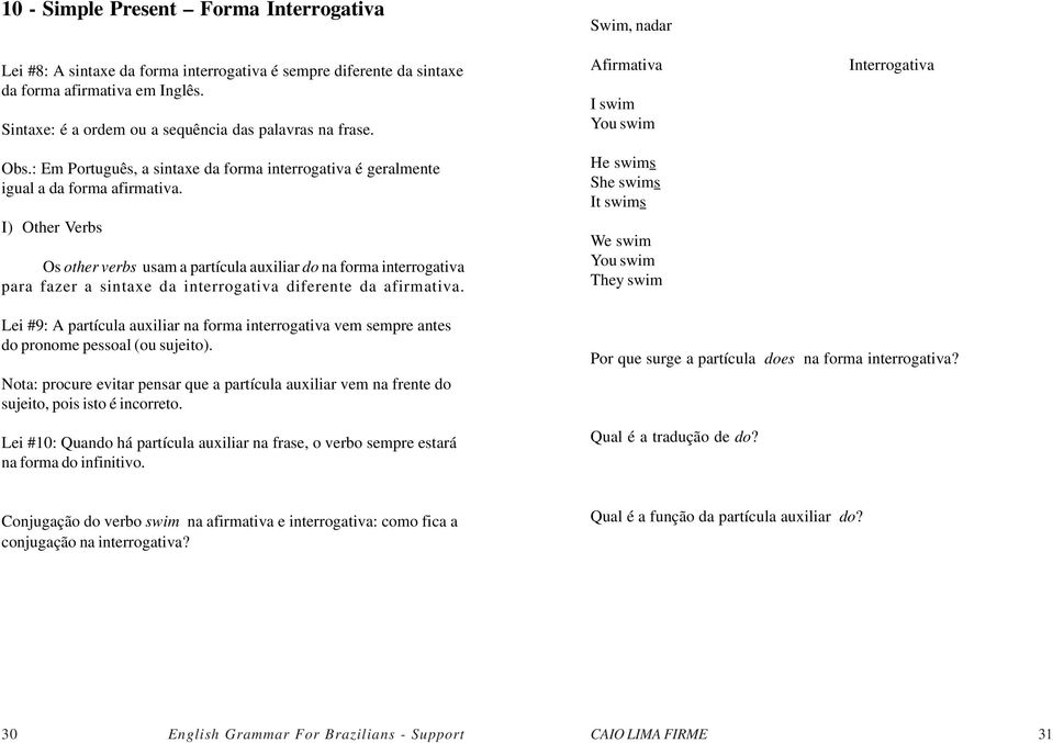 I) Other Verbs Os other verbs usam a partícula auxiliar do na forma interrogativa para fazer a sintaxe da interrogativa diferente da afirmativa.