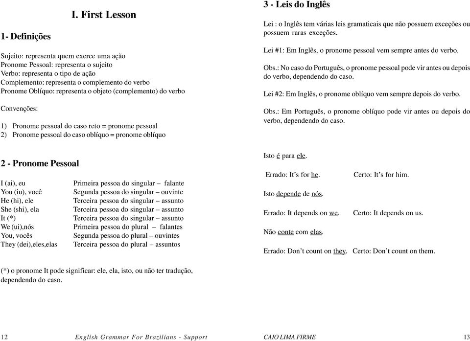 o objeto (complemento) do verbo Convenções: 1) Pronome pessoal do caso reto = pronome pessoal 2) Pronome pessoal do caso oblíquo = pronome oblíquo 2 - Pronome Pessoal I (ai), eu You (iu), você He