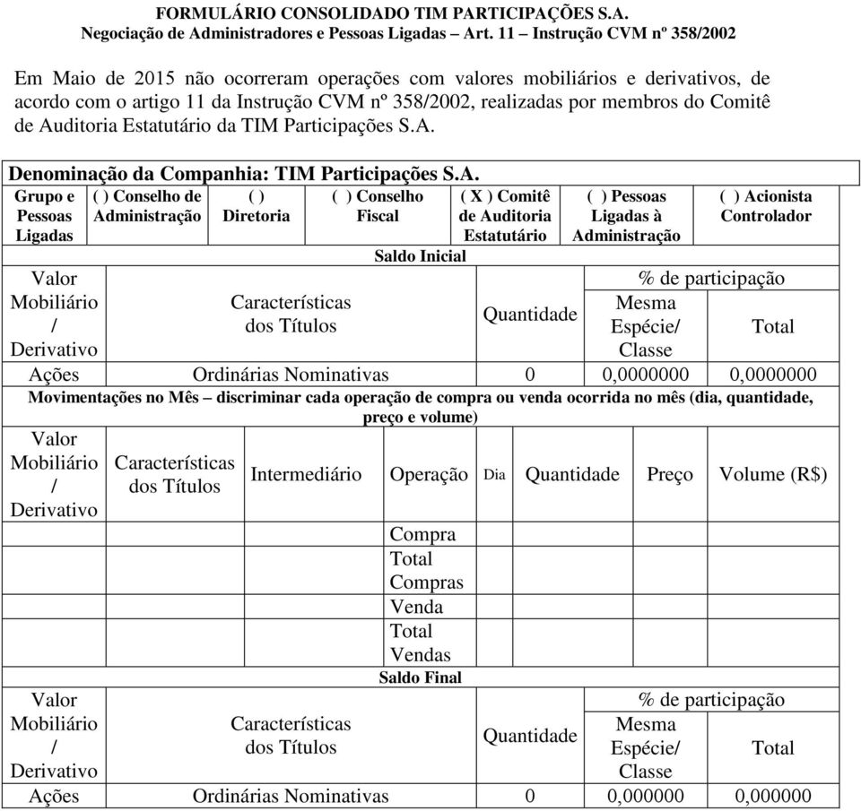 CVM nº 3582002, realizadas por membros do Comitê da TIM