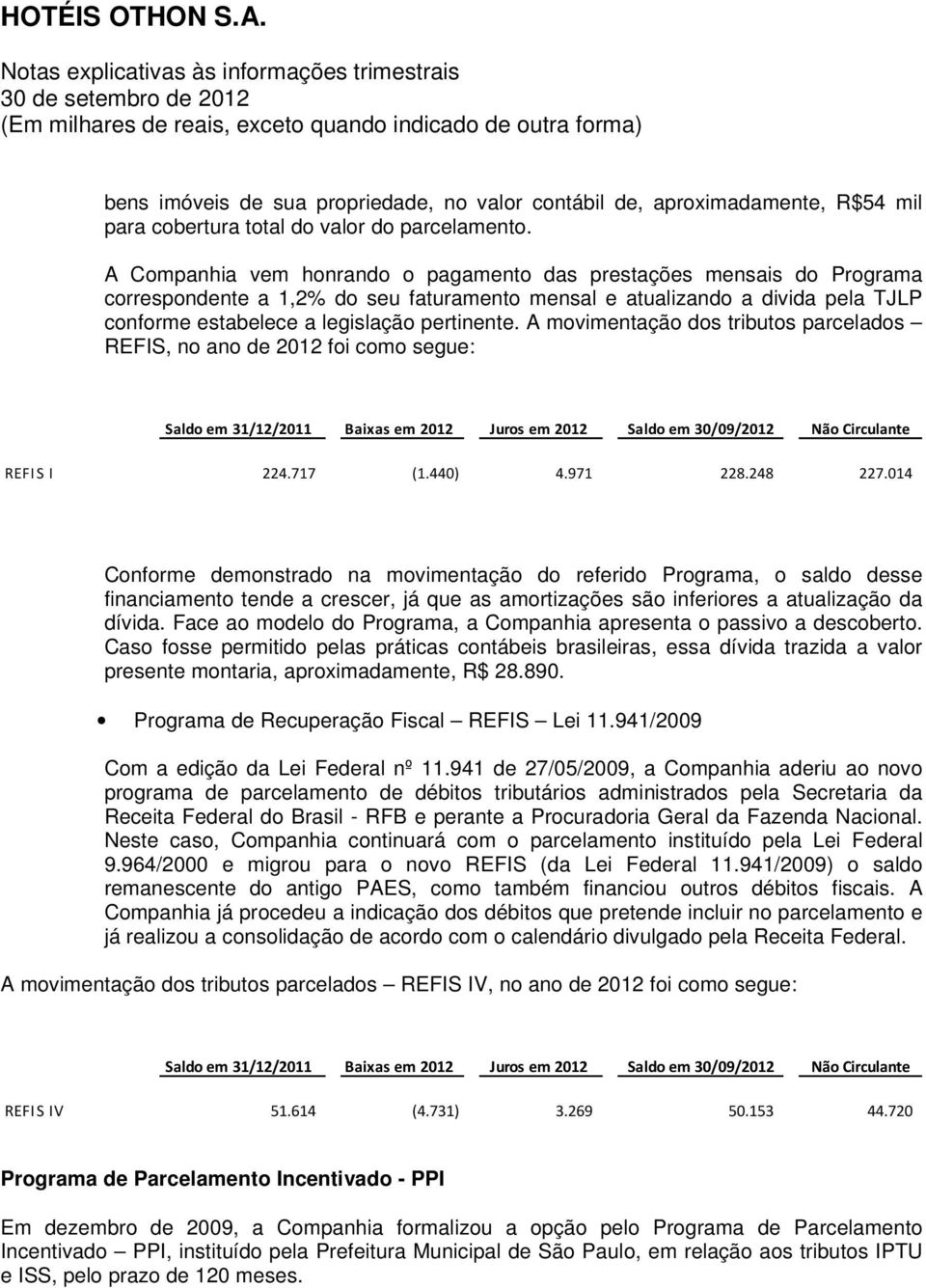 A movimentação dos tributos parcelados REFIS, no ano de 2012 foi como segue: Saldo em 31/12/2011 Baixas em 2012 Juros em 2012 Saldo em 30/09/2012 Não Circulante REFIS I 224.717 (1.440) 4.971 228.