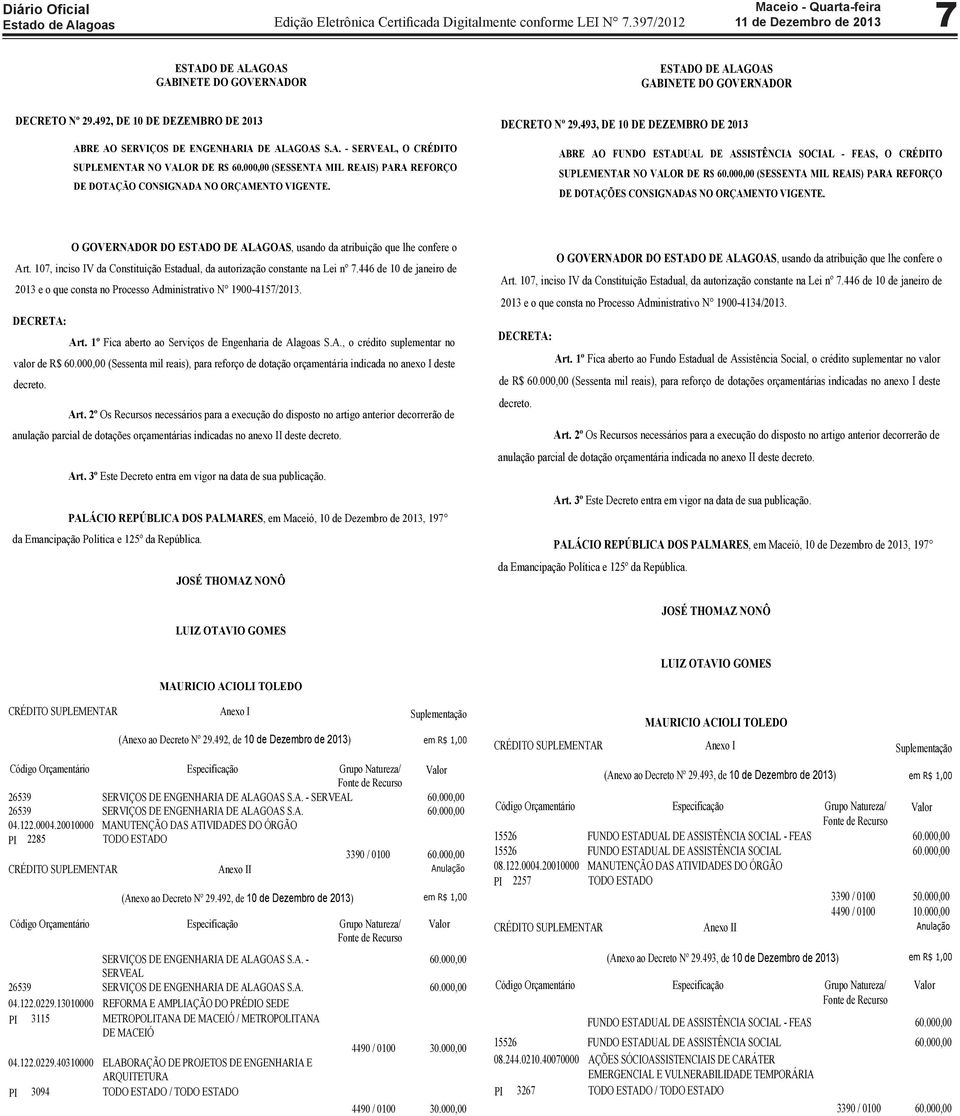 493, DE 10 DE DEZEMBRO DE 2013 ABRE AO FUNDO ESTADUAL DE ASSISTÊNCIA SOCIAL - FEAS, O CRÉDITO SUPLEMENTAR NO VALOR DE R$ 60.