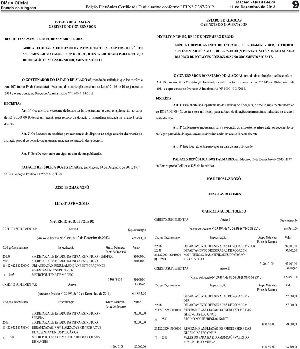 497, DE 10 DE DEZEMBRO DE 2013 ABRE AO DEPARTAMENTO DE ESTRADAS DE RODAGEM - DER, O CRÉDITO SUPLEMENTAR NO VALOR DE R$ 97.