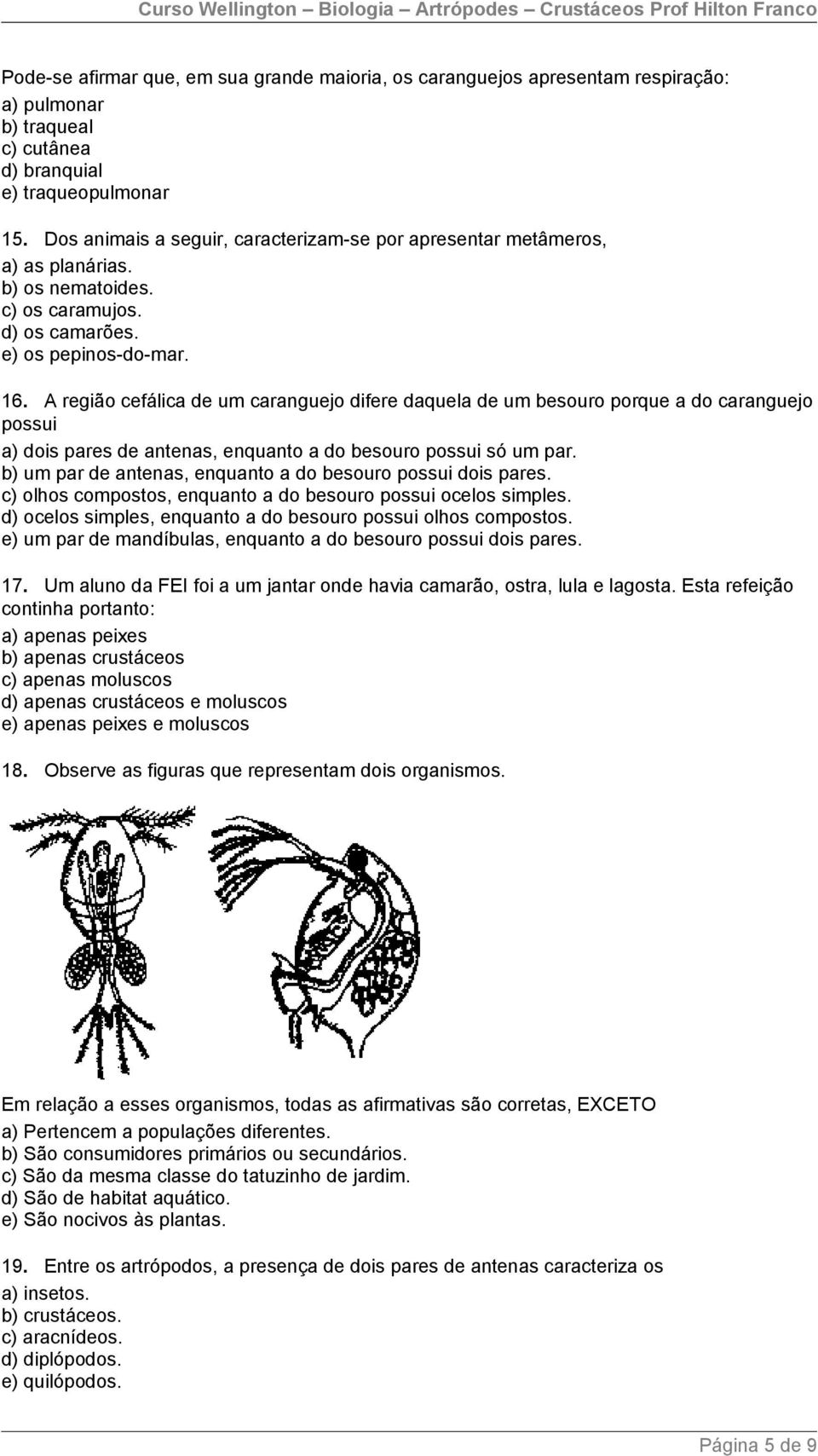 A região cefálica de um caranguejo difere daquela de um besouro porque a do caranguejo possui a) dois pares de antenas, enquanto a do besouro possui só um par.